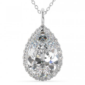 Halo Moissanite & Diamond Pear Shaped Pendant Necklace 14k White Gold (5.44ct)