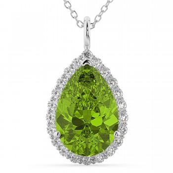 Halo Peridot & Diamond Pear Shaped Pendant Necklace 14k White Gold (5.19ct)