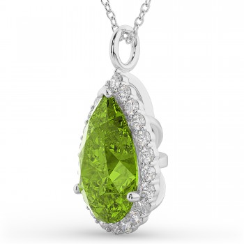 Halo Peridot & Diamond Pear Shaped Pendant Necklace 14k White Gold (5.19ct)