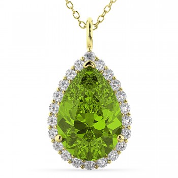 Halo Peridot & Diamond Pear Shaped Pendant Necklace 14k Yellow Gold (5.19ct)