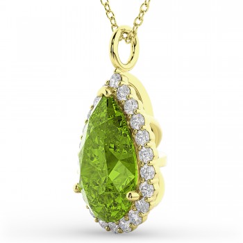Halo Peridot & Diamond Pear Shaped Pendant Necklace 14k Yellow Gold (5.19ct)