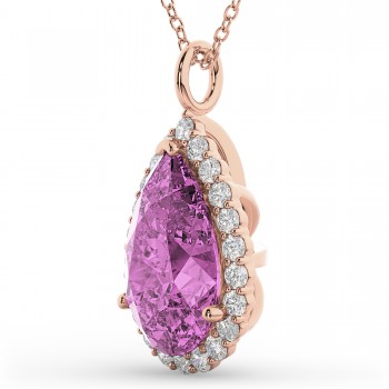 Halo Pink Sapphire & Diamond Pear Shaped Pendant Necklace 14k Rose Gold (8.34ct)