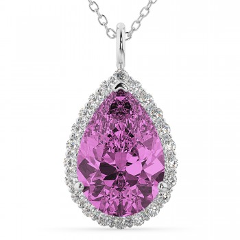 Halo Pink Sapphire & Diamond Pear Shaped Pendant Necklace 14k White Gold (8.34ct)