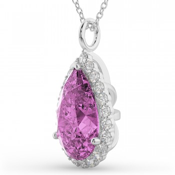 Halo Pink Sapphire & Diamond Pear Shaped Pendant Necklace 14k White Gold (8.34ct)