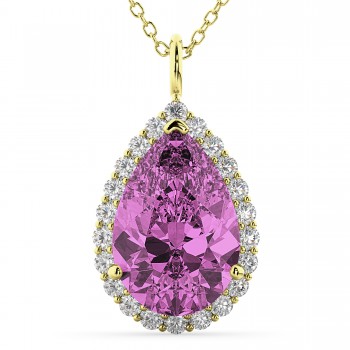 Halo Pink Sapphire & Diamond Pear Shaped Pendant Necklace 14k Yellow Gold (8.34ct)