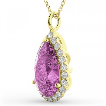 Halo Pink Sapphire & Diamond Pear Shaped Pendant Necklace 14k Yellow Gold (8.34ct)