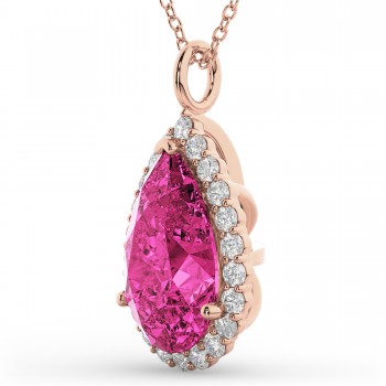 Halo Pink Tourmaline & Diamond Pear Shaped Pendant Necklace 14k Rose Gold (7.19ct)