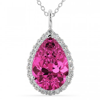 Halo Pink Tourmaline & Diamond Pear Shaped Pendant Necklace 14k White Gold (7.19ct)