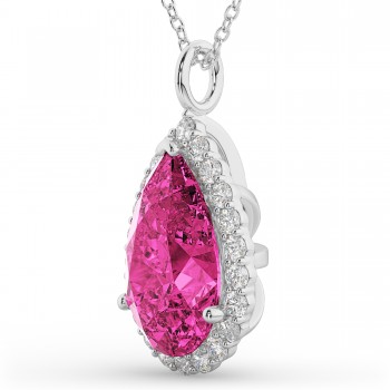 Halo Pink Tourmaline & Diamond Pear Shaped Pendant Necklace 14k White Gold (7.19ct)