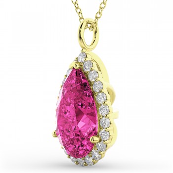 Halo Pink Tourmaline & Diamond Pear Shaped Pendant Necklace 14k Yellow Gold (7.19ct)