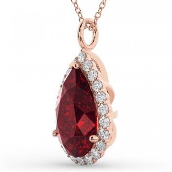 Halo Ruby & Diamond Pear Shaped Pendant Necklace 14k Rose Gold (8.34ct)