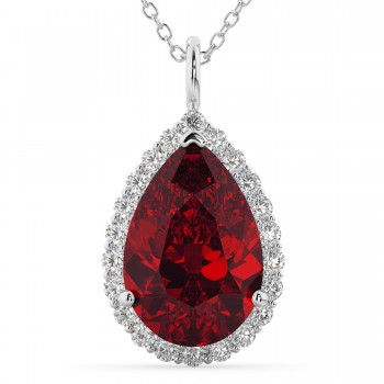 Halo Ruby & Diamond Pear Shaped Pendant Necklace 14k White Gold (8.34ct)