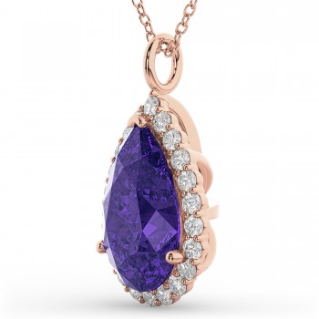 Halo Tanzanite & Diamond Pear Shaped Pendant Necklace 14k Rose Gold (8.34ct)