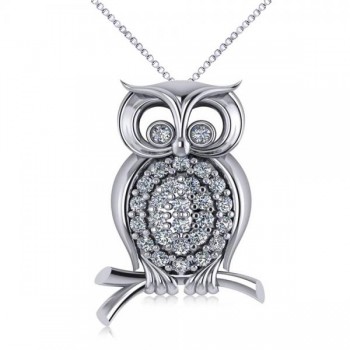 Diamond Accented Owl Pendant Necklace 14k White Gold (0.34ct)