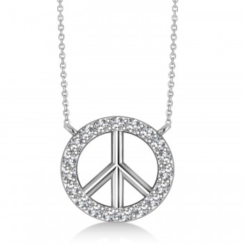 Petite Diamond Peace Sign Charm Pendant Necklace 14K White Gold (0.14ct)