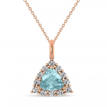 Diamond & Aquamarine Trillion Cut Pendant Necklace 14k Rose Gold (1.28ct)