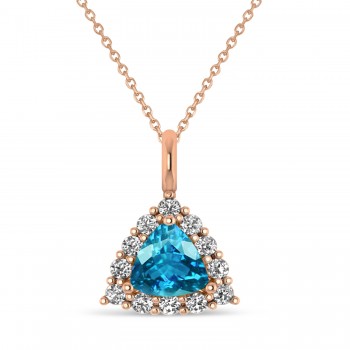 Diamond & Blue Topaz Trillion Cut Pendant Necklace 14k Rose Gold (1.6ct)