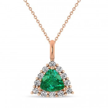 Diamond & Emerald Trillion Cut Pendant Necklace 14k Rose Gold (1.28ct)