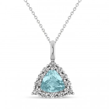 Diamond & Aquamarine Trillion Cut Pendant Necklace 14k White Gold (1.28ct)