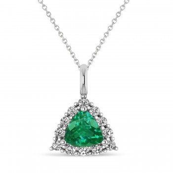 Diamond & Emerald Trillion Cut Pendant Necklace 14k White Gold (1.28ct)