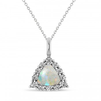 Diamond & Opal Trillion Cut Pendant Necklace 14k White Gold (1.24ct)