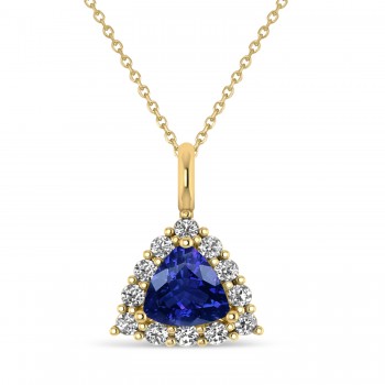 Diamond & Blue Sapphire Trillion Cut Pendant Necklace 14k Yellow Gold (1.78ct)