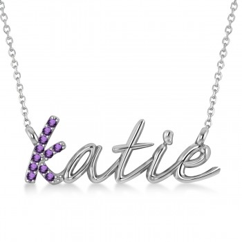 Personalized Amethyst Nameplate Pendant Necklace 14k White Gold