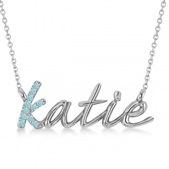 Personalized Aquamarine Nameplate Pendant Necklace 14k White Gold