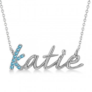 Personalized Blue Topaz Nameplate Pendant Necklace 14k White Gold