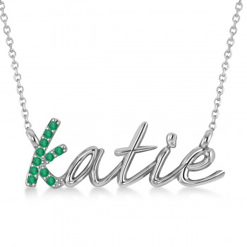 Personalized Emerald Nameplate Pendant Necklace 14k White Gold