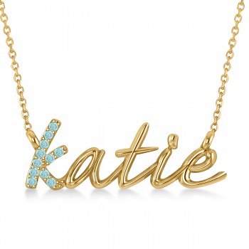 Personalized Aquamarine Nameplate Pendant Necklace 14k Yellow Gold