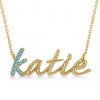 Personalized Blue Topaz Nameplate Pendant Necklace 14k Yellow Gold