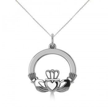 Heart Charm Claddagh Pendant Necklace in 14k White Gold