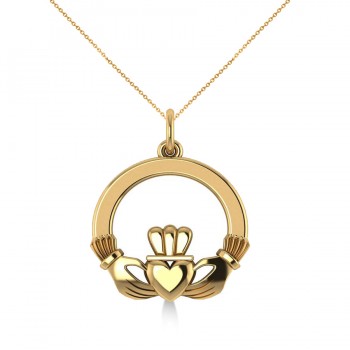 Heart Charm Claddagh Pendant Necklace in 14k Yellow Gold