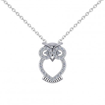 Owl Diamond Pendant Necklace 14k White Gold (0.09ct)