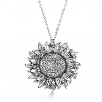 Large Sunflower Diamond Pendant Necklace 14k White Gold (0.38ct)