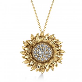 Large Sunflower Diamond Pendant Necklace 14k Yellow Gold (0.38ct)