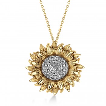 Large Sunflower Diamond Pendant Necklace 14k Two-Tone Gold (0.38ct)