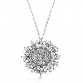 Large Sunflower Diamond Pendant Necklace 18k White Gold (0.38ct)