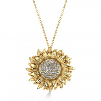 Large Sunflower Diamond Pendant Necklace 18k Yellow Gold (0.38ct)