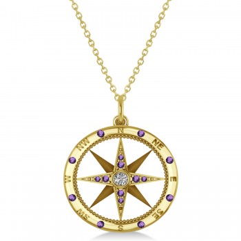 Compass Pendant Amethyst & Diamond Accented 14k Yellow Gold (0.19ct)