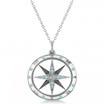 Compass Pendant Aquamarine & Diamond Accented 14k White Gold (0.19ct)