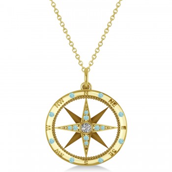 Compass Pendant Aquamarine & Diamond Accented 14k Yellow Gold (0.19ct)