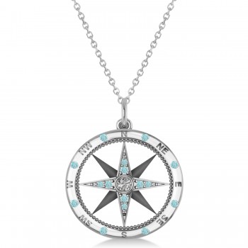 Compass Pendant Aquamarine & Diamond Accented 18k White Gold (0.19ct)