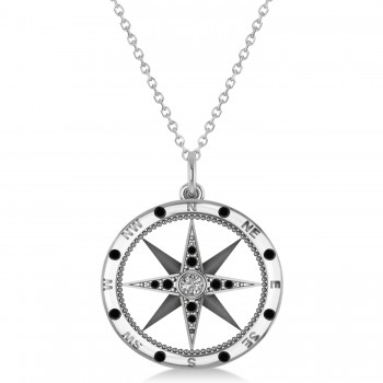 Compass Pendant Black & White Diamond Accented 14k White Gold (0.19ct)