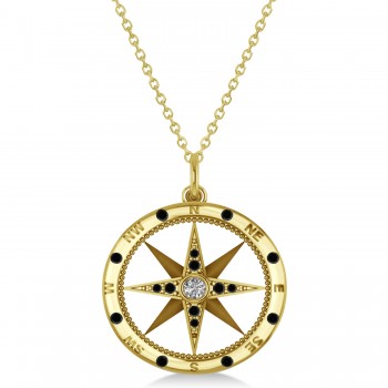Compass Pendant Black & White Diamond Accented 14k Yellow Gold (0.19ct)
