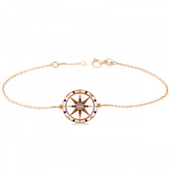 Blue Sapphire & Diamond Nautical Compass Bracelet 14k Rose Gold (0.19ct)