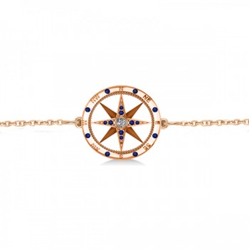 Blue Sapphire & Diamond Nautical Compass Bracelet 14k Rose Gold (0.19ct)