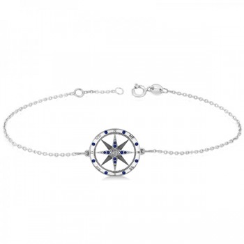 Blue Sapphire & Diamond Nautical Compass Bracelet 14k White Gold (0.19ct)