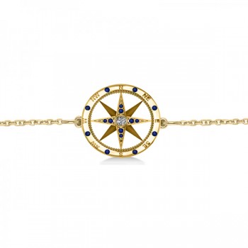 Blue Sapphire & Diamond Nautical Compass Bracelet 14k Yellow Gold (0.19ct)